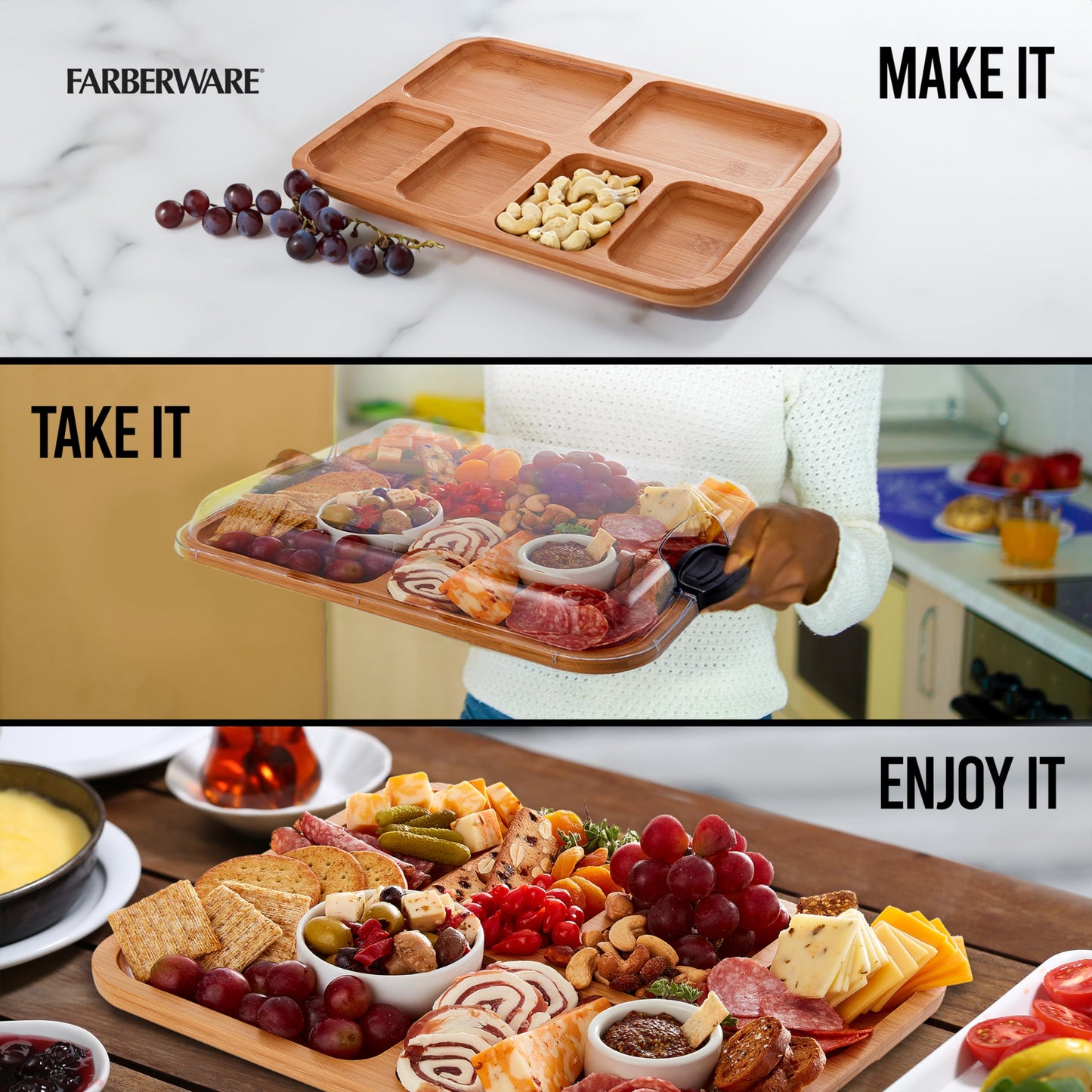 FARBERWARE Build-a-Board Cutting Board with Compartments and Clear Locking Lid for Charcuterie, Snacks, and More-Make it. Take it. Enjoy it, 11x14 Inch, Bamboo