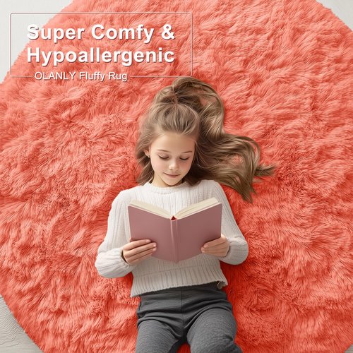 OLANLY Coral Red Round Rugs for Bedroom - Machine Washable, 9 ft Circle Area Rugs for Living Room, Soft and Fluffy Shaggy Carpet for Teen Girl and Boys, Nursery Rooms, Dorms, Home Decor Aesthetic