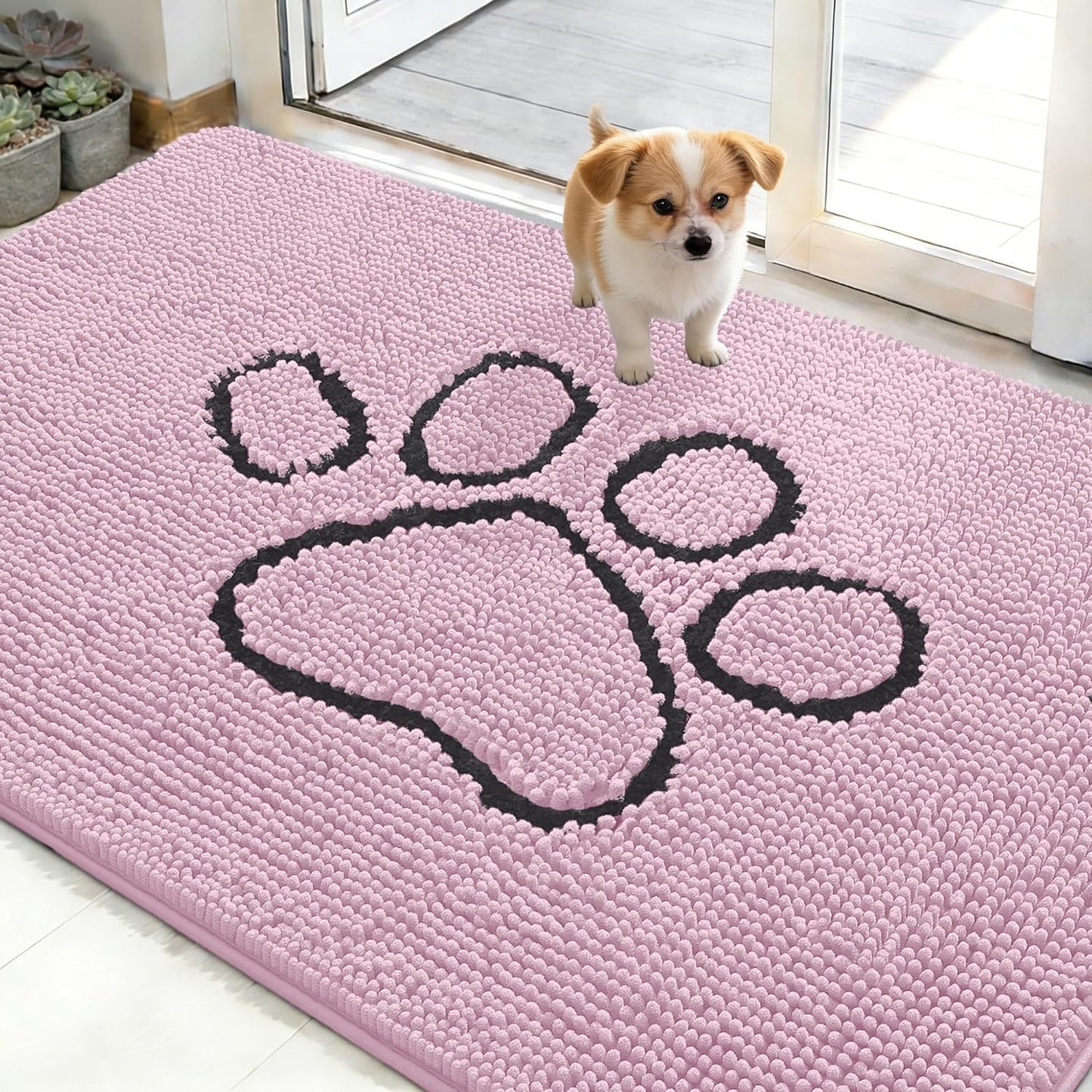 OLANLY Dog Door Mat - Absorbent Muddy Paws Doormat | Non-Slip Chenille 48x30, Dusty Rose
