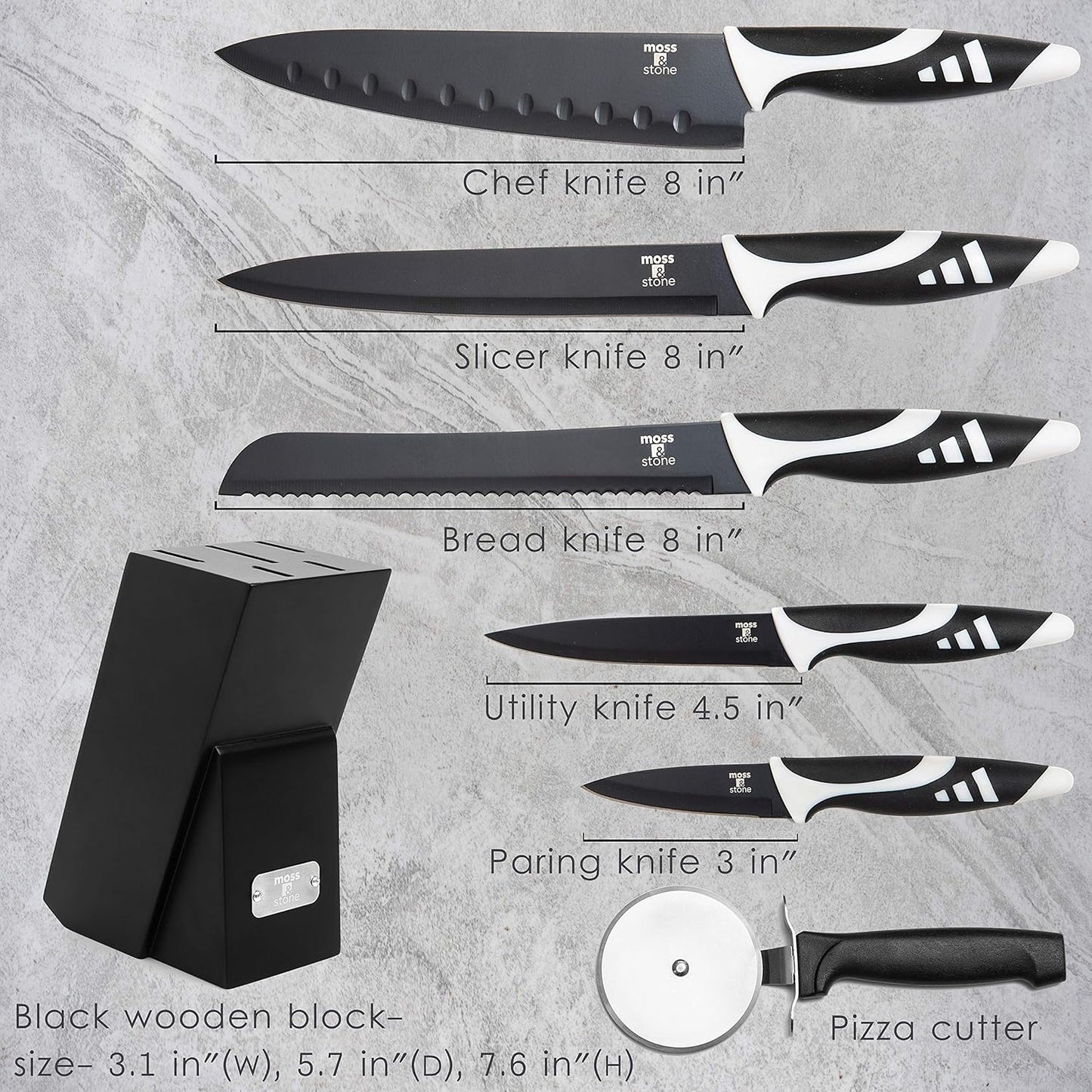 Moss & Stone 7-Piece Kitchen Knife Set - Black Titanium Plated Stainless Steel with High Carbon Blades