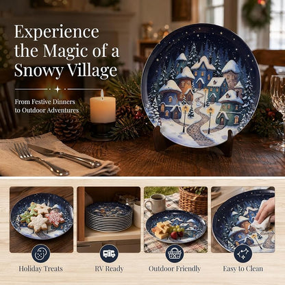 Snowhouse 10-Inch Christmas Plates Set of 12 – Melamine Dinnerware, Outdoor Friendly