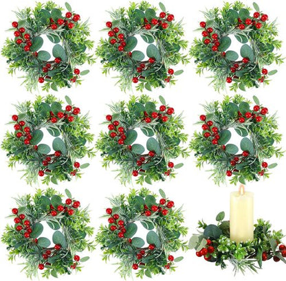 Daifunli Christmas Candle Rings - 8 Pcs 6-Inch Wreath Holders with Artificial Red Berries | Festive Table Decor