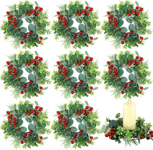 Daifunli Christmas Candle Rings - 8 Pcs 6-Inch Wreath Holders with Artificial Red Berries | Festive Table Decor