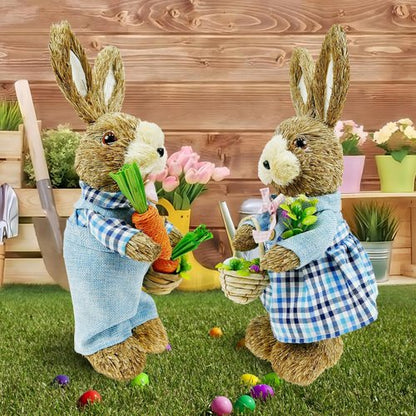 DearSun 14" Easter Straw Bunny Figurine - Blue Sisal Rabbit Holding Carrots | Spring Table Decor for Home & Garden