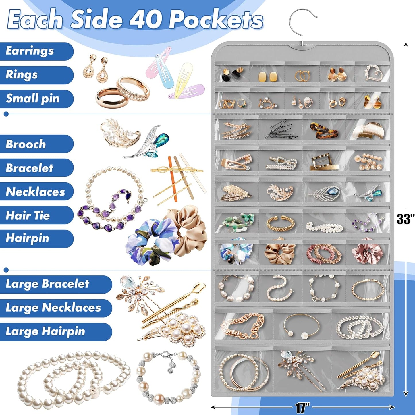 Simple Houseware Jewelry Organizer - 80-Pocket Storage Solution for All Accessories | Gray