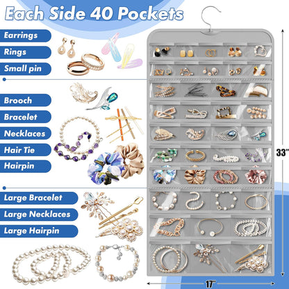 Simple Houseware Jewelry Organizer - 80-Pocket Storage Solution for All Accessories | Gray