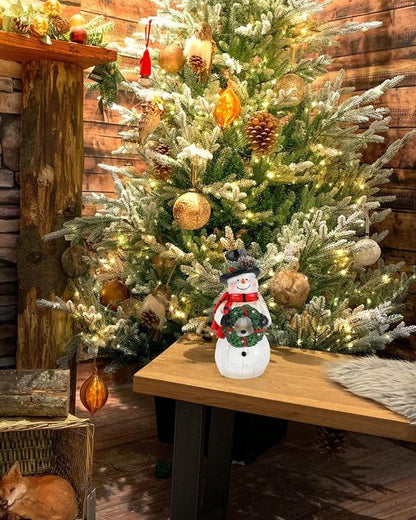 iStatue Light-Up Snowman Figurine - Charming 9.25'' Resin Snowman with Wreath & LED Lights for Winter Decor