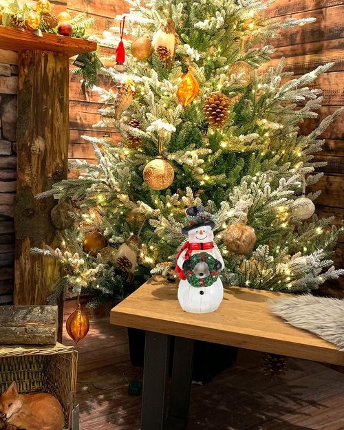 iStatue Light-Up Snowman Figurine - Charming 9.25'' Resin Snowman with Wreath & LED Lights for Winter Decor