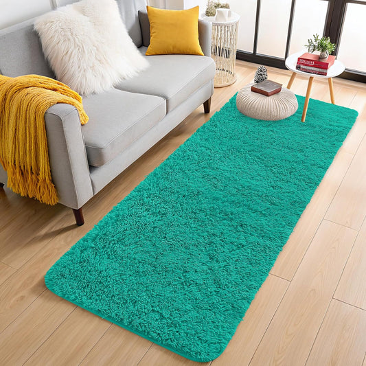 OLANLY Machine Washable 2x6 Runner Rug - Soft Fluffy Shaggy Indoor Carpet for Bedroom & Hallway | Teal Green