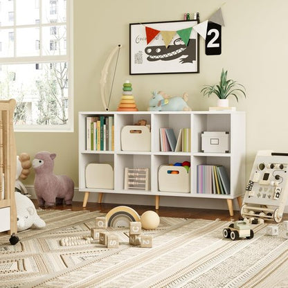 Flrrtenv 8-Cube Bookshelf - Modern 2-Tier Bookcase with Legs | 47" Freestanding Wood Storage in White