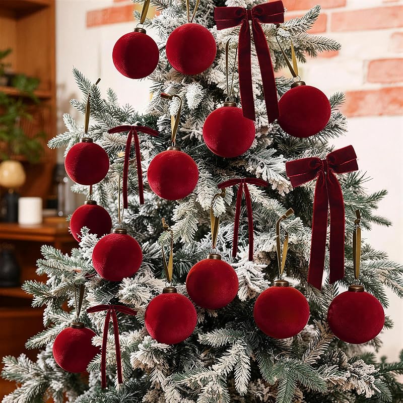 36 Pcs Burgundy Velvet Christmas Ornaments Set — 3.15in Balls & Velvet Ribbon Bows