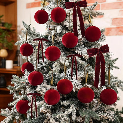 36 Pcs Burgundy Velvet Christmas Ornaments Set — 3.15in Balls & Velvet Ribbon Bows