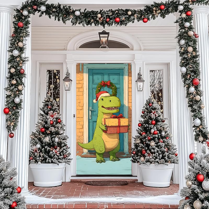 Green Dinosaur Christmas Door Banner 70.8 x 35.4 Inch - Indoor/Outdoor Holiday Decor