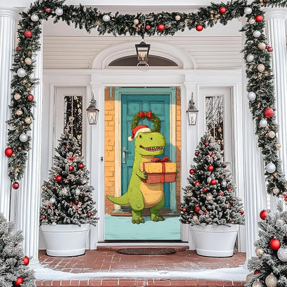 Green Dinosaur Christmas Door Banner 70.8 x 35.4 Inch - Indoor/Outdoor Holiday Decor