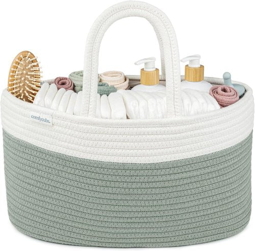 Comfy Cubs Diaper Caddy Organizer - Large 8.5" x 15" x 8" Cotton Basket with 3 Compartments - Stylish Sage Design for Baby Essentials