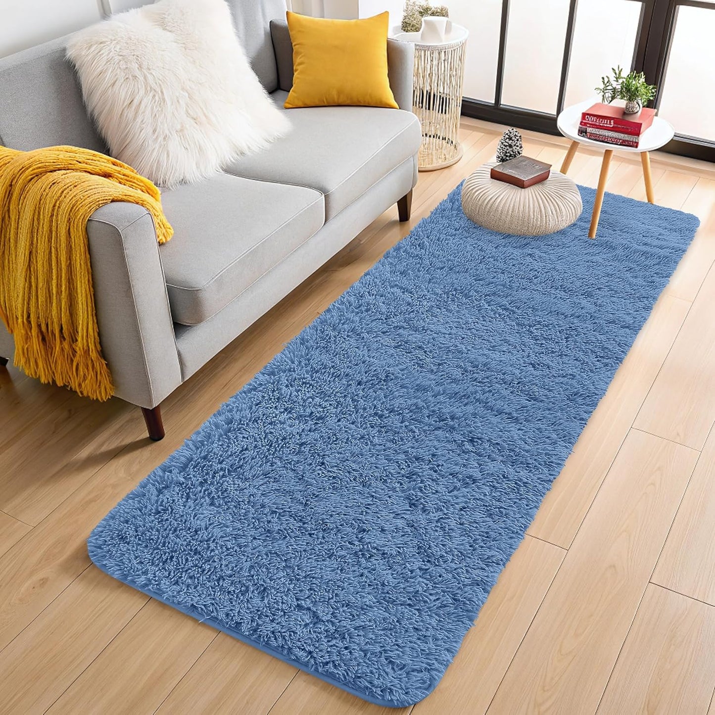 OLANLY Machine Washable Runner Rugs - Soft Fluffy Shaggy Design for Hallway & Bedroom | Blue Indoor Carpet
