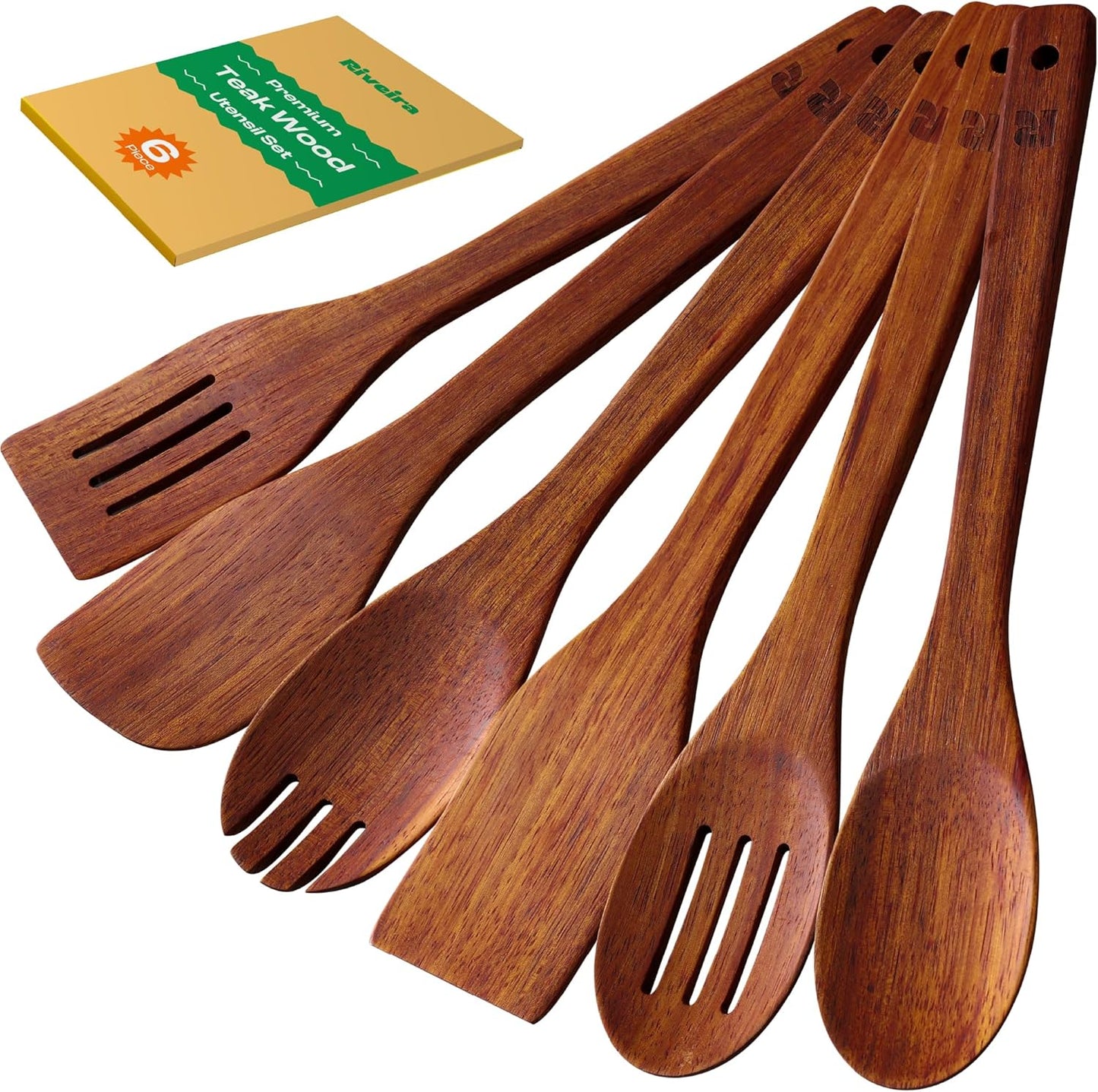 Riveira Teak Wooden Cooking Spoons Set of 6 - Premium Natural Teak Utensils for Non-Toxic Cooking
