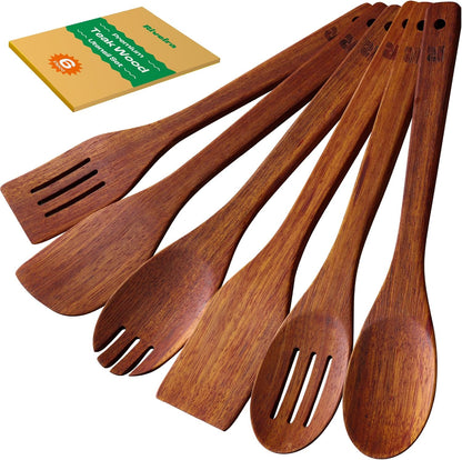 Riveira Teak Wooden Cooking Spoons Set of 6 - Premium Natural Teak Utensils for Non-Toxic Cooking