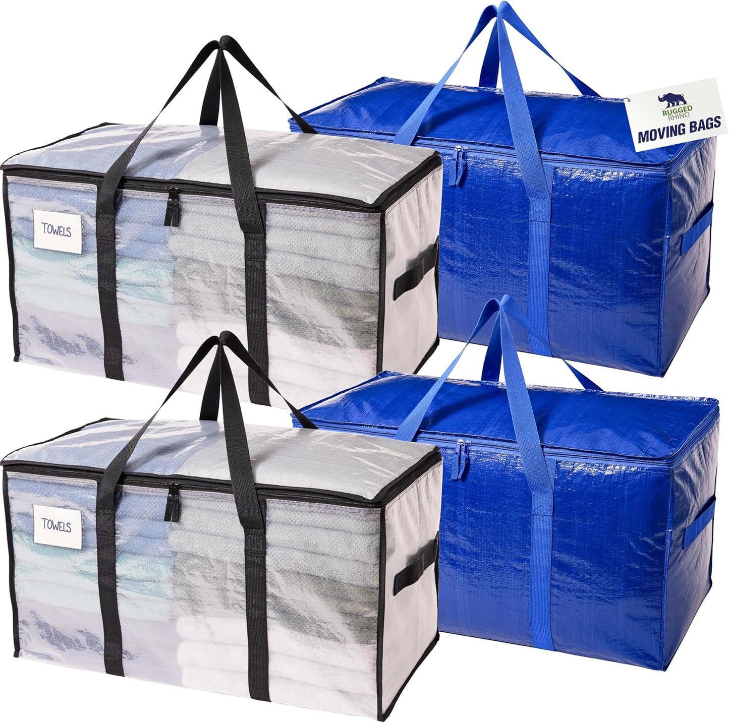 Rugged Rhino Heavy Duty Extra Large Moving Bags - Durable, Space-Saving Storage with Strong Handles & Zipper | Blue/Clear, 4 Pack