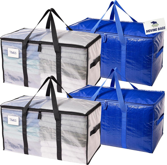 Rugged Rhino Heavy Duty Extra Large Moving Bags - Durable, Space-Saving Storage with Strong Handles & Zipper | Blue/Clear, 4 Pack