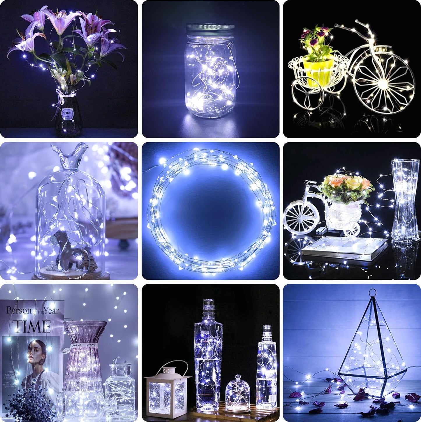 Skiennix 2 Pack LED Fairy Lights - Waterproof Silver Wire String Lights, 7 Feet, 20 LEDs for DIY Decor