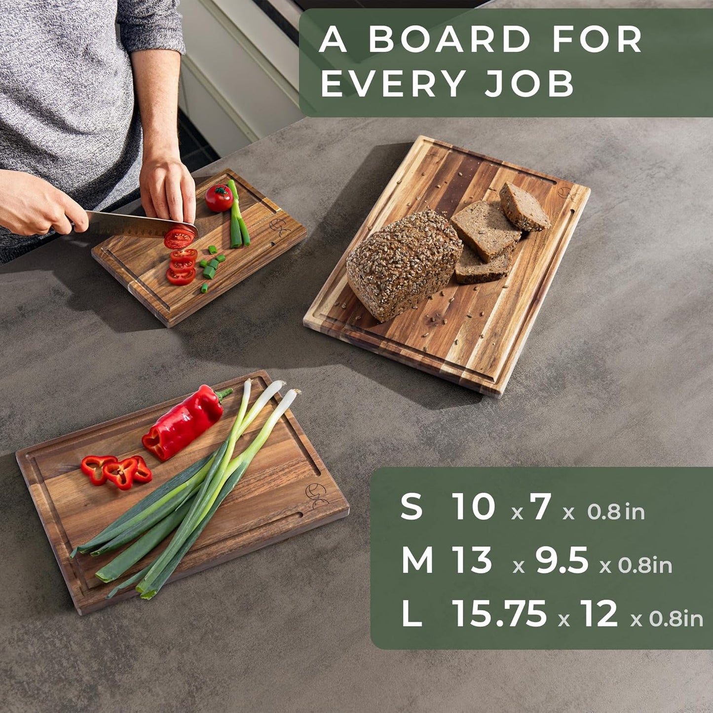 WALDWERK Cutting Board Set - Solid Acacia Wood Kitchen Boards | 15.75 x 12 in, 0.8 in Thick