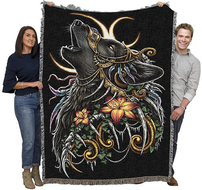 Howling Wolf Throw Blanket by Pure Country Weavers 72x54 - Cotton Wall Tapestry, Made in USA