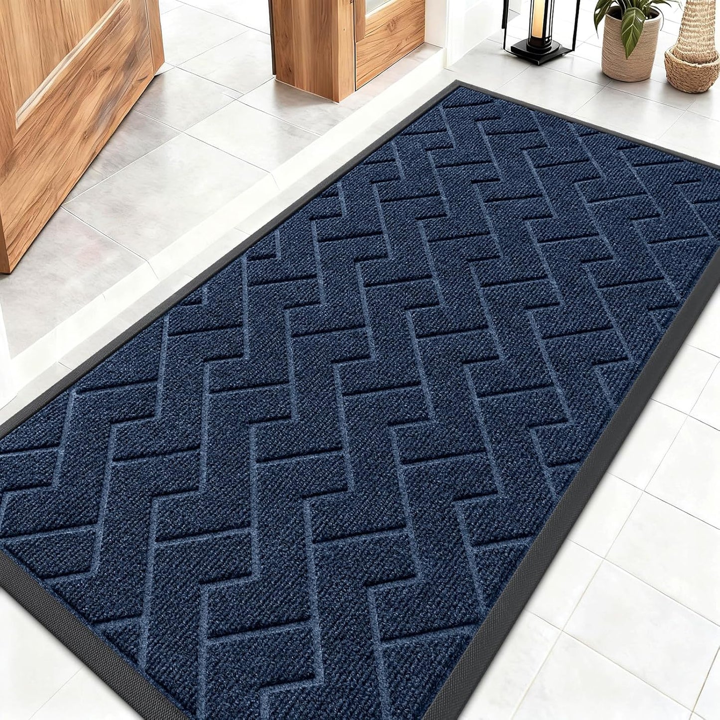 OLANLY Waterproof Front Door Mat - All-Season Indoor/Outdoor Doormat | Sturdy Natural Rubber, Herringbone Brick (Blue, 47x23)
