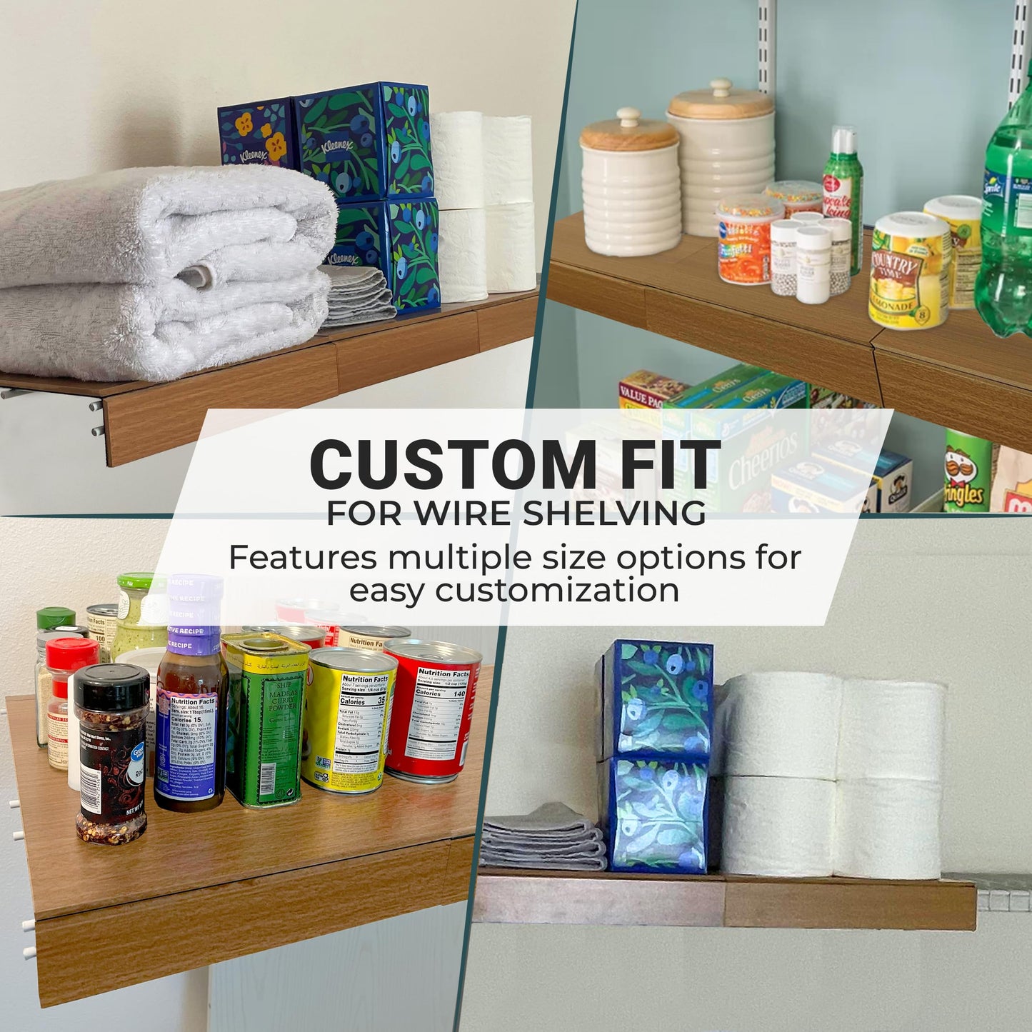 LEAPOAK Wire Shelf Cover - Adjustable Engineered Wood Panels with Extra Modular Pieces - Custom Fit for Pantry, Closet, & Kitchen Wire Shelving - Velcro Secures in Place - Smooth Finish (Light Wood)