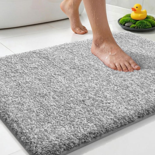 Yimobra Anti-Fatigue Non Slip Bathroom Rugs – Cushioned Dense Elastic Microfiber Bath Mat for Pressure Relief, Comfort for Tired Feet, Soft Absorbent Machine Washable, 24" x 17", Grey and White