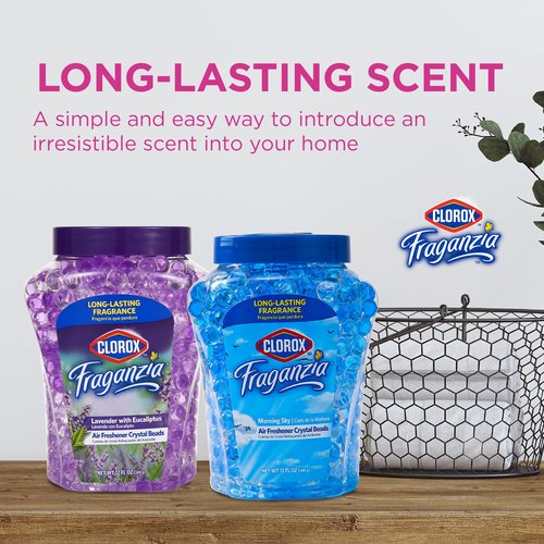 Clorox Fraganzia Crystal Beads Air Freshener, Long Lasting Room Deodorizer and Odor Eliminator Gel Beads to Freshen Home, Car, or Office, Morning Sky Scent, 12 Fl Oz - 12 Pack