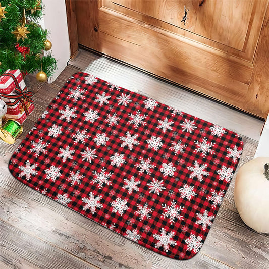 Christmas Tartan Plaid Snowflakes Red Bath Mat Non-Slip Rugs Flannel Bathroom Mats Water Absorbent Bathtub Rug Quick Dry Soft Shower Rug for Floor Kitchen Bedroom Decor 20x31 inch