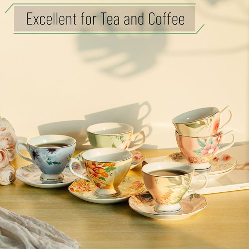 BTaT- Tea Cups and Saucers Set of 6, Tea Set, Floral Tea Cups (8oz), Porcelain Tea Cups for Tea Party, Rose Teacups, China Tea Cups, Tea Cup and Saucer Set, Porcelain Tea Set, (Bone China)