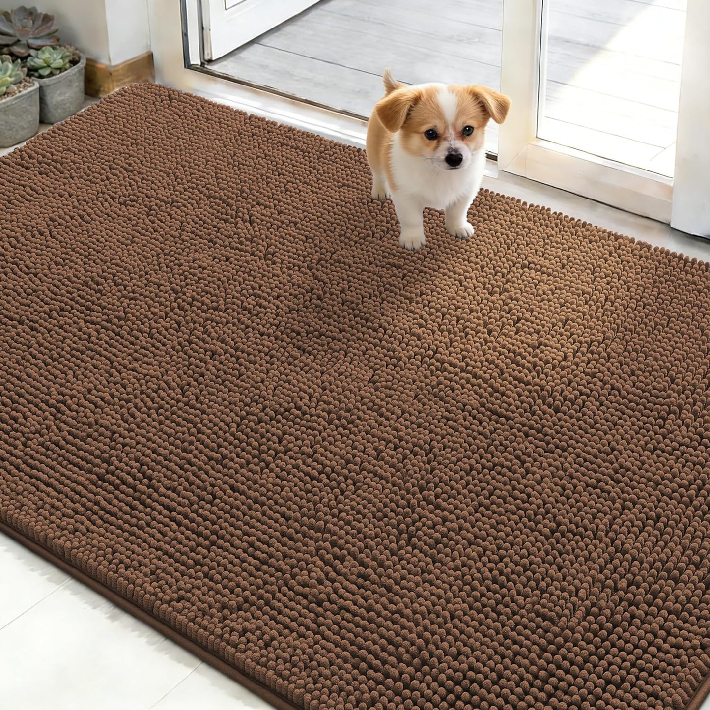 OLANLY Dog Door Mat - Absorbent Non-Slip Chenille Mat for Muddy Paws | 50x30 Mocha Indoor Carpet