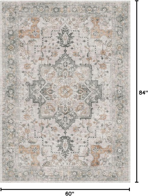 GENIMO 5X7 Area Rug - Machine Washable Non-Slip Vintage Chenille Print for Living Room & Bedroom - Light Taupe Brown