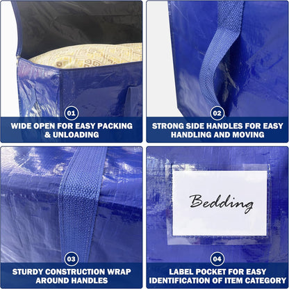 Skiennix Extra Heavy Duty Moving Bags - 12 Pack with Strong Zipper & Handles | 33 Gallon Dark Blue Storage Totes