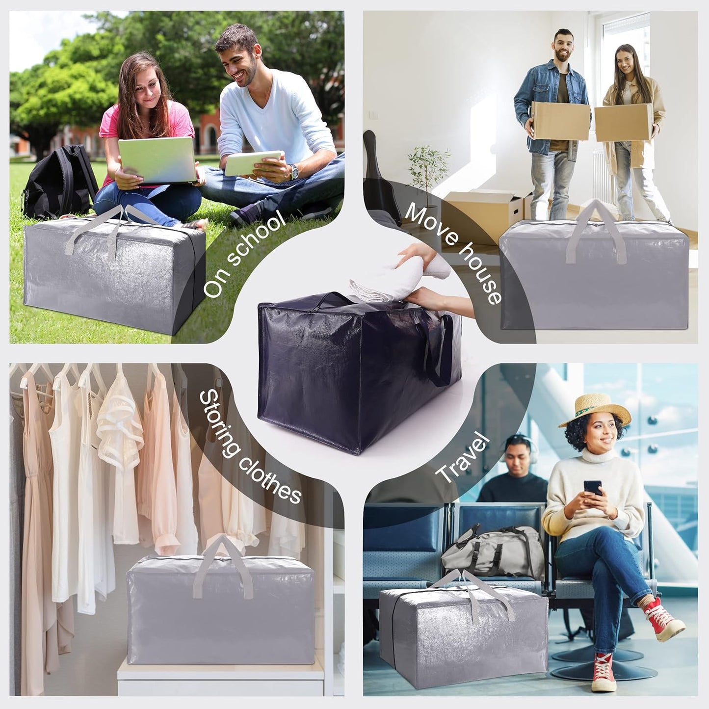 VELVETSURE Heavy Duty Extra Large Moving Bags - Strong Backpack Straps & Zippers, Space-Saving Storage Totes (Set of 6, Silver)