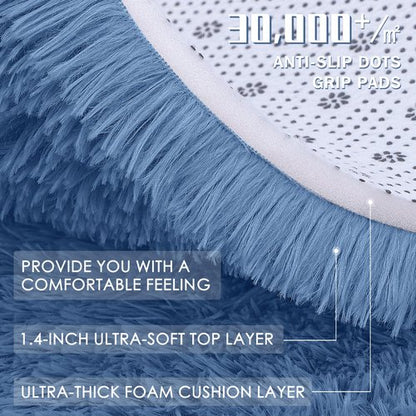 OLANLY Blue Round Rugs for Bedroom - Machine Washable, 2 ft Circle Area Rugs for Living Room, Soft and Fluffy Shaggy Carpet for Teen Girl and Boys, Nursery Rooms, Dorms, Home Decor Aesthetic