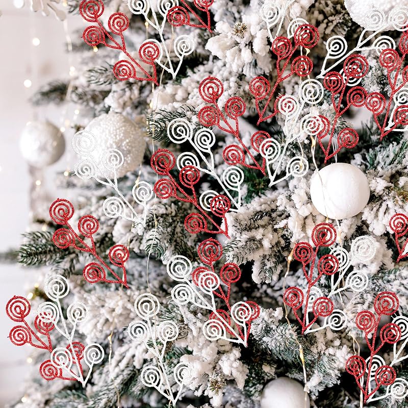 Riceshoot 50 Pcs Christmas Tree Picks Red & White Glitter Sprays - 34 cm