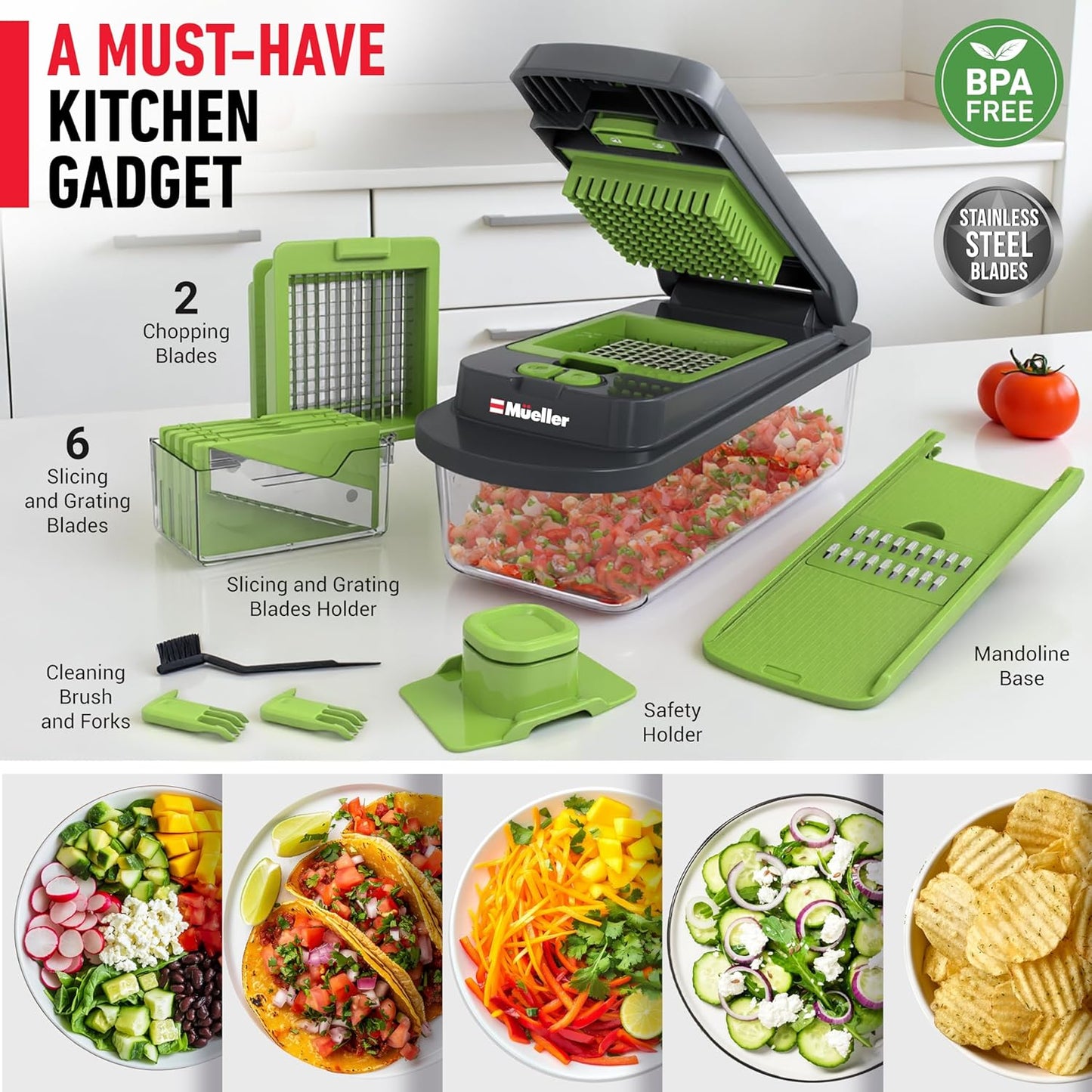 Mueller Pro-Series 10-in-1 Vegetable Chopper - 8 Blades for Dicing, Slicing & Mincing | Gray/Green