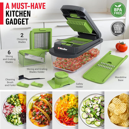 Mueller Pro-Series 10-in-1 Vegetable Chopper - 8 Blades for Dicing, Slicing & Mincing | Gray/Green