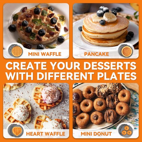 Baker's Friend Mini Waffle Maker - 4 in 1 with Removable Plates | Includes Pancake, Donut & Heart Shapes, Blue