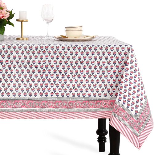 CPG Tablecloth - 100% Cotton Square Table Cover | 60x60 Inch Indian Block Print - Pink Sapphire