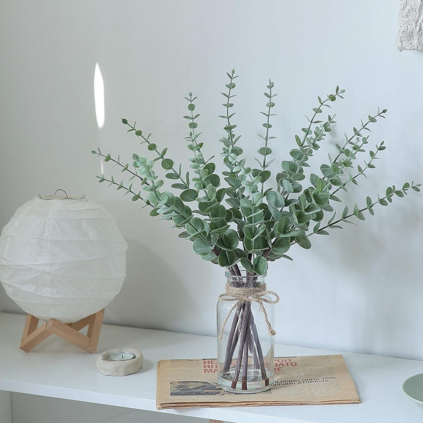 VIERENA Eucalyptus Stems - 17.5" Artificial Plant in Glass Vase with Faux Water | Sage Green Centerpiece Decor