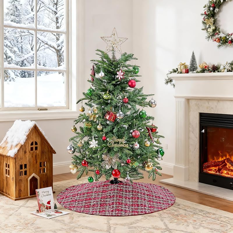 Christmas Plaid Tree Skirt 36-Inch Red & Green Buffalo Check with Snowflakes – Includes Variation Red/Green+36 Inches