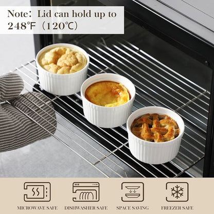 MALACASA Ramekins - 8 oz White Porcelain Set of 6 with Lids | Oven & Dishwasher Safe Custard Cups