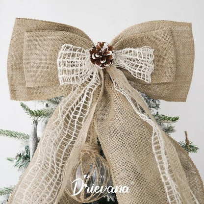 Burlap Christmas Tree Topper Bow - 13 Inch Natural Rustic Jute Wreath with Pine Cone | Holiday Home Decor