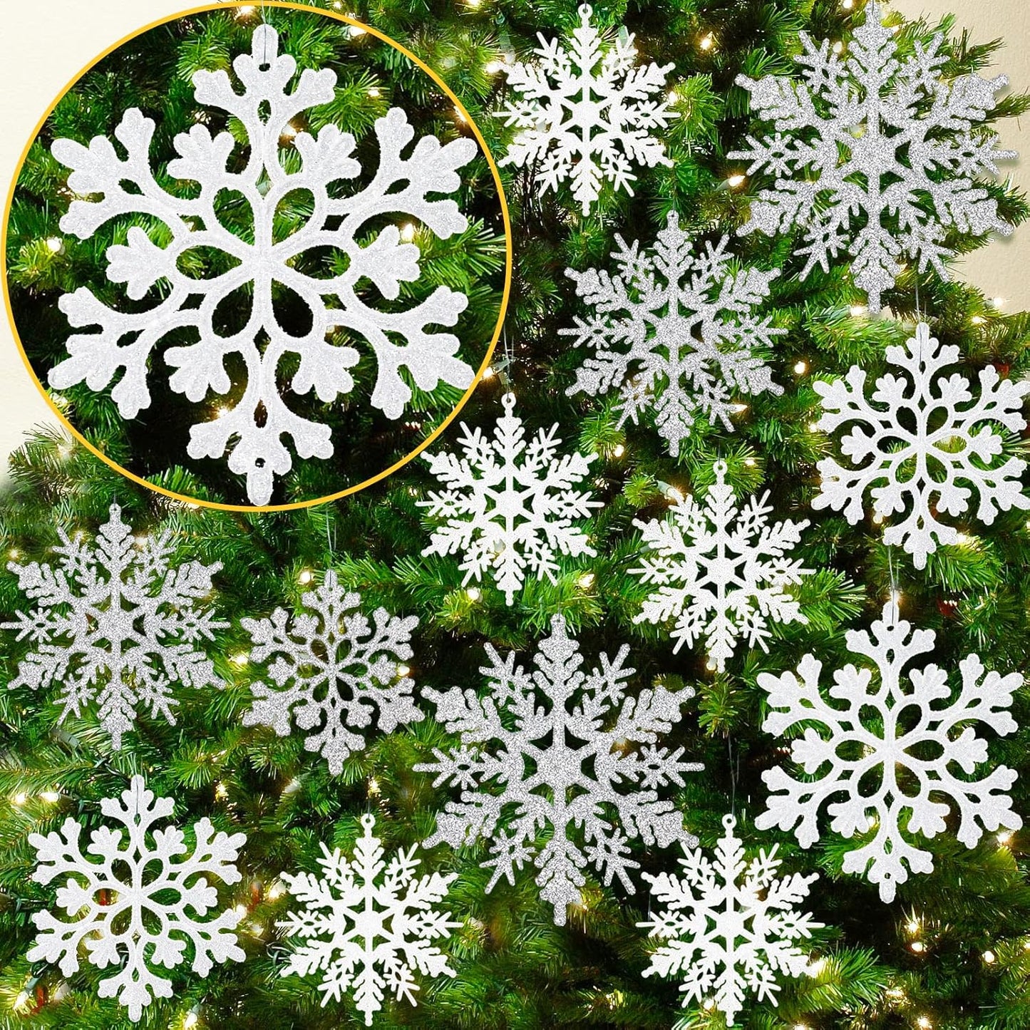 Skiennix Christmas Snowflake Ornaments - 36 Pcs Glittering White & Silver Hanging Decor for Holiday Home & Parties