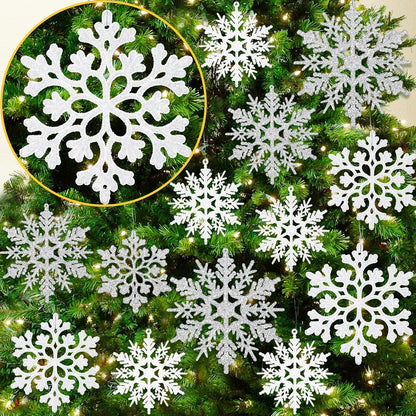 Skiennix Christmas Snowflake Ornaments - 36 Pcs Glittering White & Silver Hanging Decor for Holiday Home & Parties