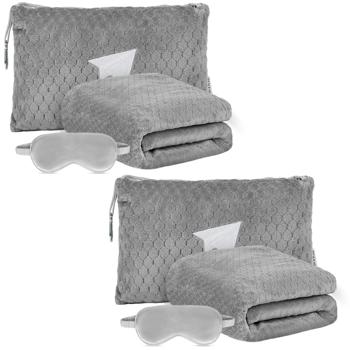 Plush & Plaid 2-Pack Travel Blanket Airplane Compact with Bag, Mid-Weight Soft Throw Blanket Pillow for Long/Short Flight, Portable Packable with Luggage Sleeve and Backpack Clip, 40x65, Gray